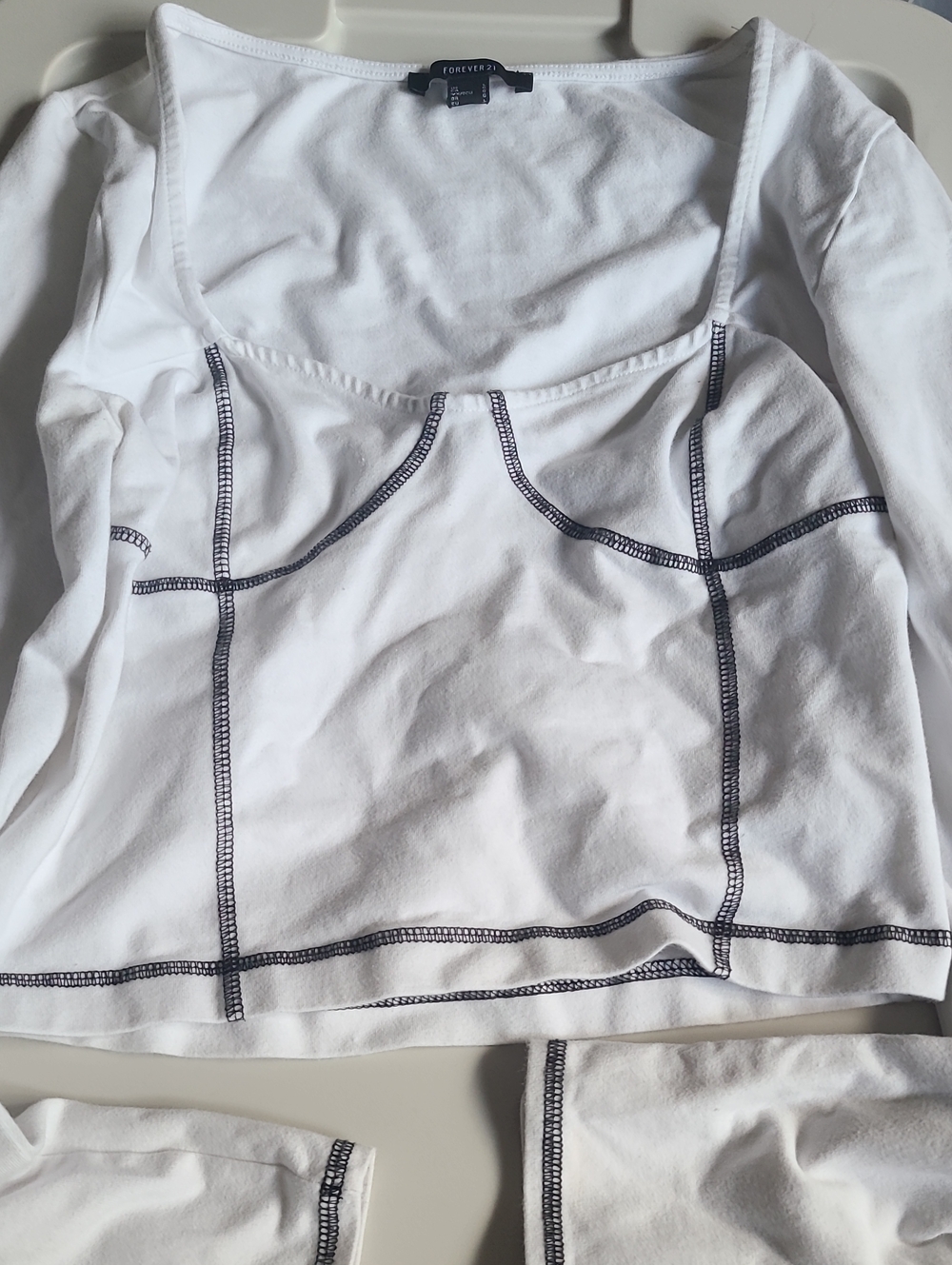 Forever 21 White Long Sleeve Crop Top with Black Contrast Stitching